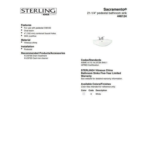 Sterling 446124-0 Sacramento Oval Bathroom Sink White 4" Faucet Holes - Picture 2 of 7